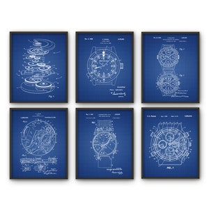 May include: Set of six blue blueprint style prints of vintage watch patents. The prints feature detailed drawings of the watch mechanisms and designs. Each print includes the patent number, date, and inventor's name.