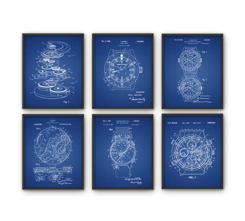 May include: Set of six blue blueprint style prints of vintage watch patents. The prints feature detailed drawings of the watch mechanisms and designs. Each print includes the patent number, date, and inventor's name.