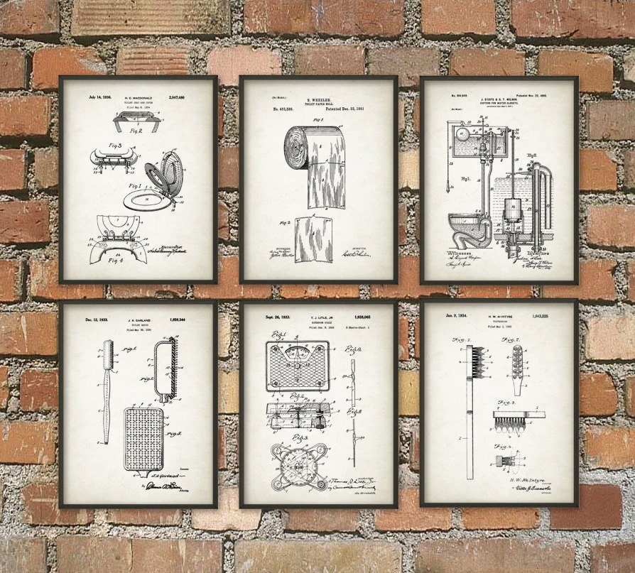 Toilet Inventions Patent Print Set of 6 - Bathroom Poster - Restroom ...