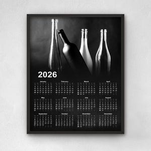 Bar Calendar 2026, Alcohol Bottles Pub Wine Bar Restaurant Kitchen 2026 Wall Calendar Print, Black and White Photography Wall Art Calendar