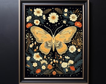 Mystical Butterfly and Flowers Print, Celestial Floral Dark Wall Art