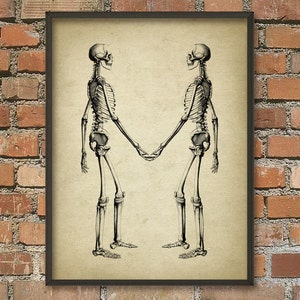 Skeletons Holding Hands Antique Anatomy Wall Art Poster, Vintage Home Decor, Anatomy Wall Art