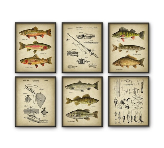 Fishing Print Set of 6, Angling Wall Art, Watercolor Trout and Freshwater Fishing, Fishing Tackle, Fishing Rod Patent, Mancave Boys Room Art