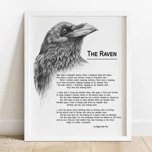 May include: A black and white illustration of a raven with the poem "The Raven" by Edgar Allan Poe printed below. The poem begins with the line "Once upon a midnight dreary, while I pondered, weak and weary."