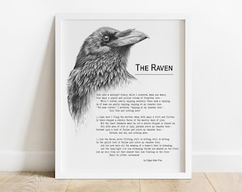 The Raven Poem by Edgar Allan Poe Print, Raven Wall Art, Nevermore Poetry Decor, Carrion Crow Corvid Bird Wall, Poetry Poster
