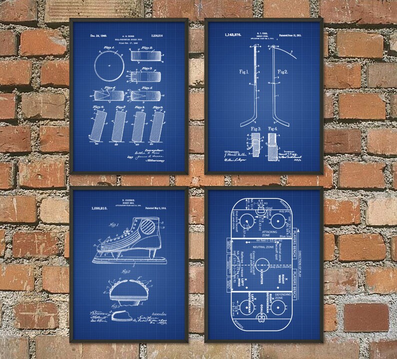 May include: Set of four blue and white vintage hockey patent prints. The prints feature illustrations of hockey equipment, including a puck, a stick, a skate, and a hockey rink.