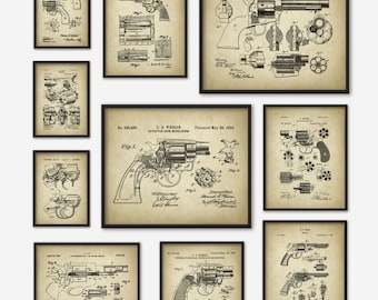 Revolver Gun Patent Print Set of 10 - Revolver Patents - Gun Design - Gun Enthusiast Gift - Vintage Gun Patent - Hand Gun - Weapon - Pistol