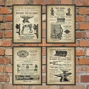 Blacksmith Prints Set of 4 #2, Blacksmith Equipment, Hammer, Forge, Tongs, Metalworker, Forging, Metallurgy, Blacksmith Gift Idea