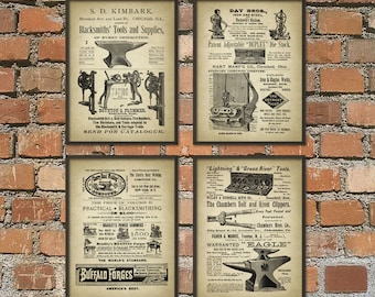 Blacksmith Prints Set of 4 #2, Blacksmith Equipment, Hammer, Forge, Tongs, Metalworker, Forging, Metallurgy, Blacksmith Gift Idea