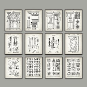 May include: Set of 10 vintage architectural patent prints in black and white. The prints feature various architectural details, including columns, arches, and cornices. The prints are framed in black frames and are arranged in a grid pattern.