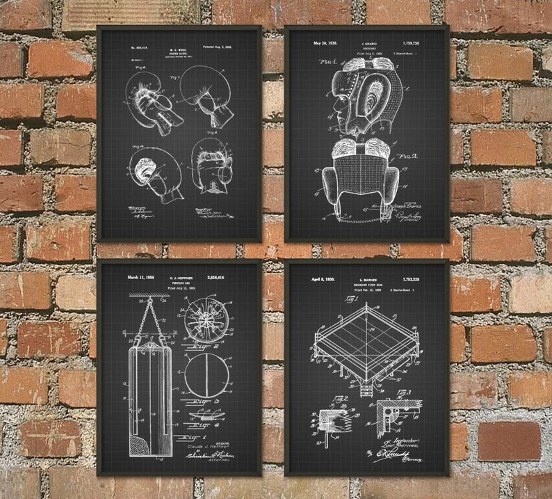 May include: Set of four black and white vintage boxing patent prints. The prints feature illustrations of boxing gloves, a boxing head guard, a punching bag, and a boxing ring. Each print includes the patent number, date, and inventor's name.
