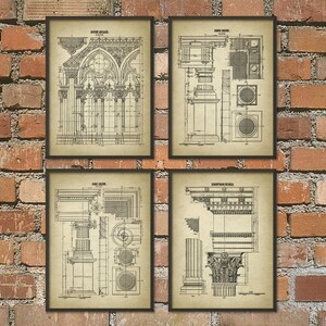 May include: Set of four vintage architectural prints featuring detailed drawings of an ornate arcade, Ionic order, Doric order, and Corinthian details. The prints are in black and white and have a distressed, aged look.