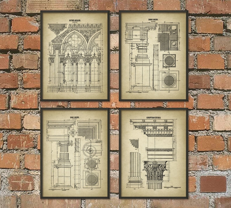 May include: Set of four vintage architectural prints featuring detailed drawings of an ornate arcade, Ionic order, Doric order, and Corinthian details. The prints are in black and white and have a distressed, aged look.