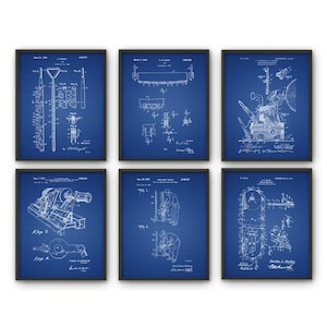 May include: Set of six blue blueprint style prints of vintage patent drawings for various tools and machinery. Each print features a black frame and a white design on a blue background.