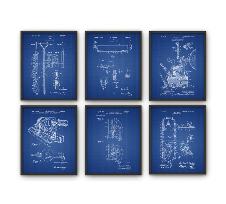 May include: Set of six blue blueprint style prints of vintage patent drawings for various tools and machinery. Each print features a black frame and a white design on a blue background.