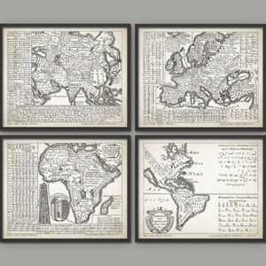 May include: A set of four vintage black and white maps depicting Asia, Europe, Africa, and North America. The maps are framed in black and have a white background with black lines and text.