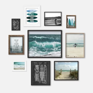 Surfing Theme Gallery Wall Art Set of 10 Prints, Sea Ocean Home Bathroom Decor, Aqua Pictures, Waves Beach Surfboard Surf Patent Surfer Gift