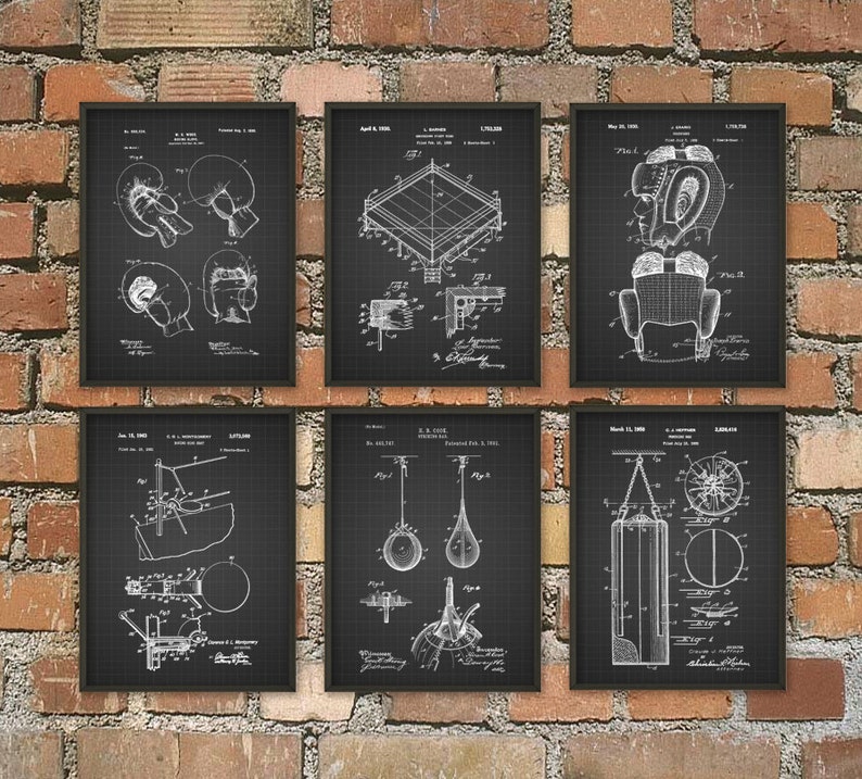 May include: Six framed black and white boxing-themed patent prints. The prints depict boxing gloves, a boxing ring, headgear, a speed bag, a double-end bag, and a heavy bag. The prints are displayed against a brick wall.