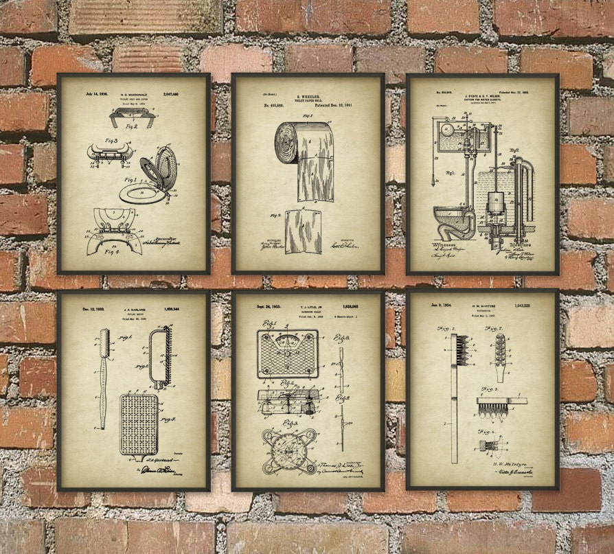 Toilet Inventions Patent Print Set Of 6 Bathroom Poster Etsy