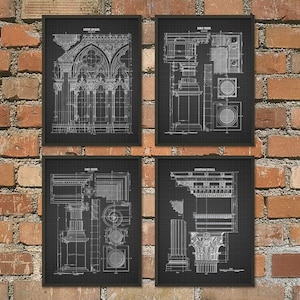 May include: Four black and white architectural blueprint prints framed in black frames. The prints depict different architectural details, including an arcade, a cornice, a column, and a capital. The prints are displayed on a brick wall.