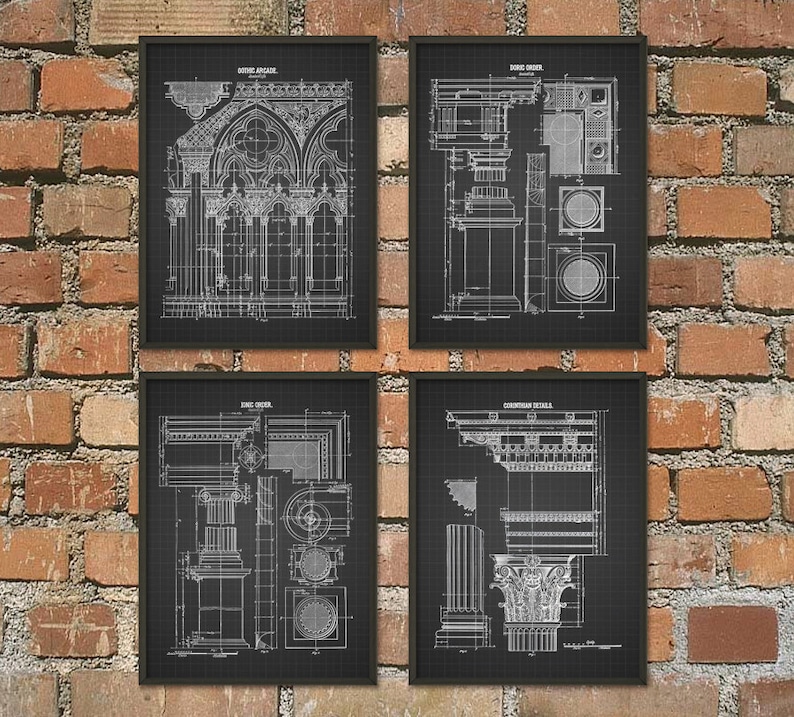 May include: Four black and white architectural blueprint prints framed in black frames. The prints depict different architectural details, including an arcade, a cornice, a column, and a capital. The prints are displayed on a brick wall.