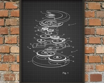 Watch Mechanism Design Patent Print, Schematic Diagram, Watch Mechanism Wall Art, Vintage Steampunk Decor