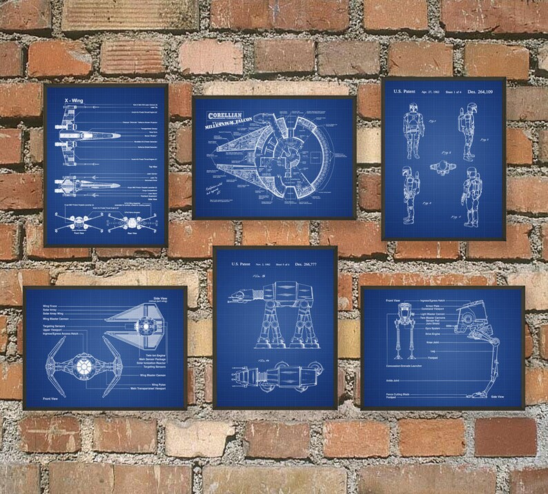 Vaisseau spatial, lot de 6 estampes, art mural vaisseau spatial de science-fiction, art SCI FI, exploration de l'espace Blueprint