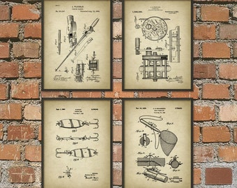 Fishing Patent Prints Set of 4, Vintage Fishing Patents, Angling Art, Fishing Equipment, Fishing Tackle, Fishing Reel, Fishing Rod, Lure