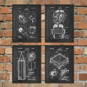 May include: Four black and white vintage patent drawings of boxing equipment. The drawings show a pair of boxing gloves, a boxing helmet, a punching bag, and a boxing ring.