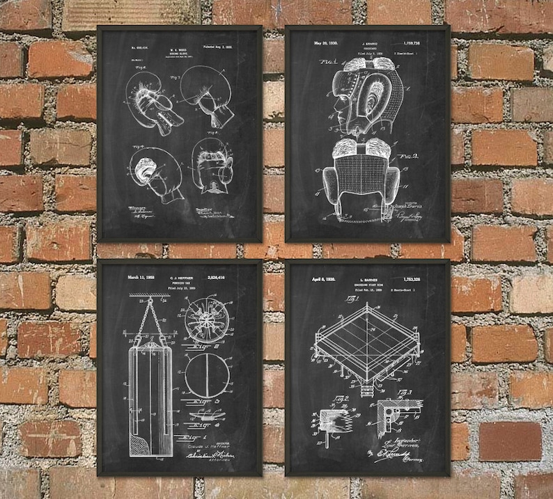 May include: Four black and white vintage patent drawings of boxing equipment. The drawings show a pair of boxing gloves, a boxing helmet, a punching bag, and a boxing ring.