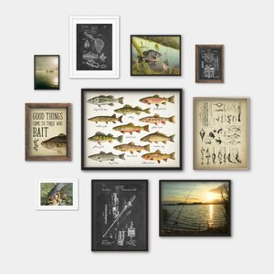Fishing Set of 10 Wall Gallery Prints, Angler Gift Art Set, Lure Patent Print Poster, Lake Rod Reel Tackle Trout Bass Pike Mancave Decor