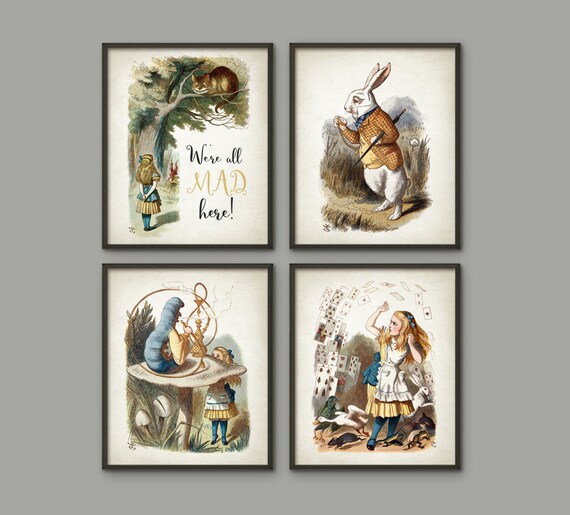 Alice In Wonderland Wall Art Poster Set Of 4 Nursery Home Decor Childrens Bedroom Art Girls Room Art White Rabbit We Re All Mad Here