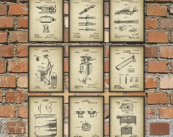 Blacksmith Patent Print Set of 9, Blacksmithing Equipment, Hammer Forge Tongs, Metalworker Gift Idea, Iron and Steel Forging Metallurgy Art