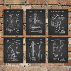 Cello Patent Prints Set Of 6, Violoncello Musician Wall Art Poster, Music Room Decor, Musician Gift Idea, Orchestra, Cello Art Poster