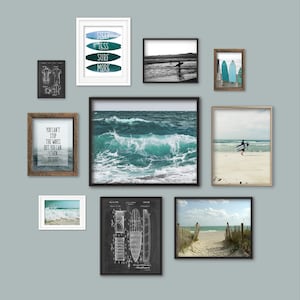 Surfing Theme Gallery Wall Art Set of 10 Prints, Sea Ocean Home Bathroom Decor, Aqua Pictures, Waves Beach Surfboard Surf Patent Surfer Gift