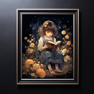 Cute Little Girl Reading a Book, Mystical Girl and Flowers Print, Celestial Floral Dark Wall Art