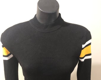 Black Yellow White Striped 70s Knit Top Sweater Jumper Sz M