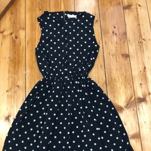 Vintage 80s 90s Black Cream Polka Dot Spot Dress Lined Sz S