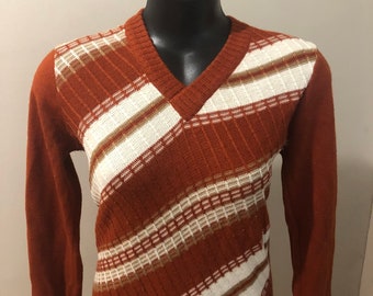 Vintage Mens S Womens M Rust Brown White Striped V Neck Sweater Jumper Knit Top Unisex