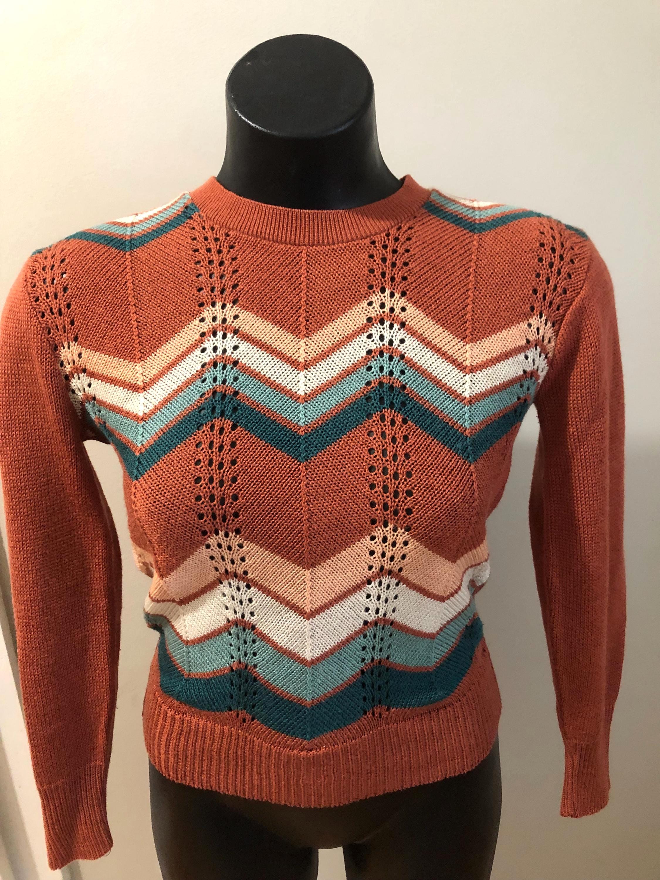 Vintage 70s Brown Chevron Striped Sweater Knit Top Jumper Sz S
