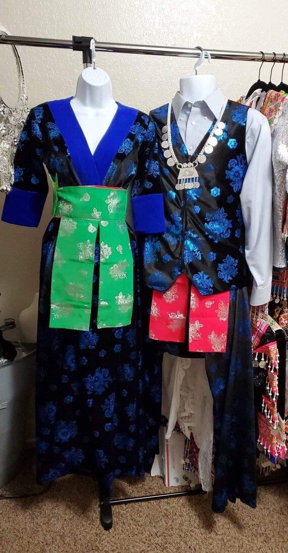 Blue Floral Velvet Pants Hmong Couples 