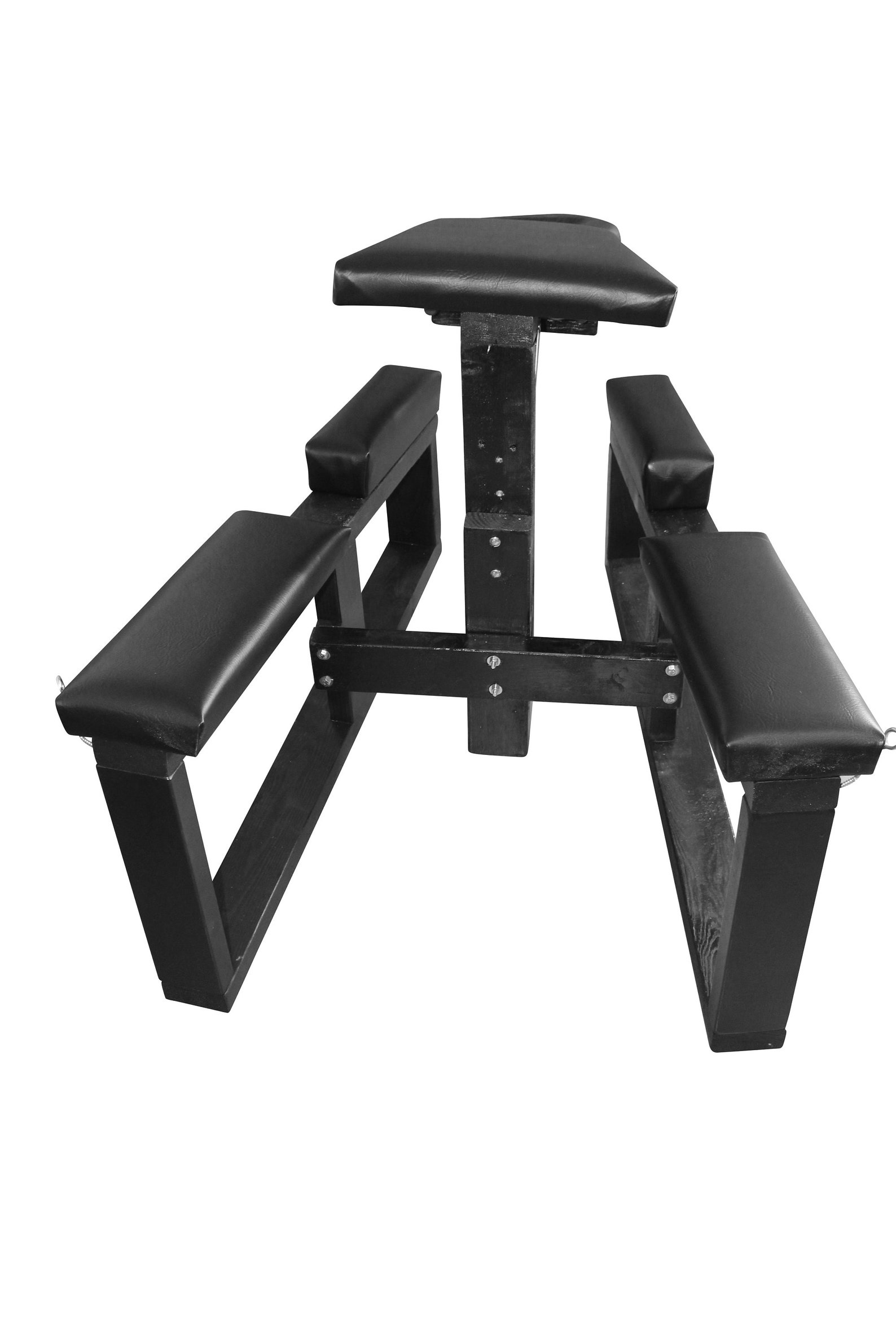 Front view of deluxe BDSM spreader bench showing padded arm and leg supports with central chest platform.