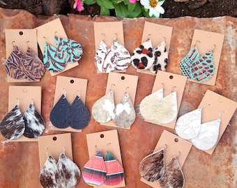 Cowhide Tear Drop Earrings, Hair on Hide Western Style