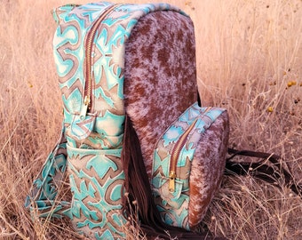 Mochila con flecos de piel de vaca, bolso para pañales de cuero estilo western