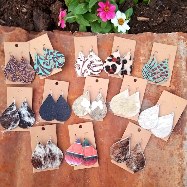 Cowhide Tear Drop Earrings, Hair on Hide Western Style