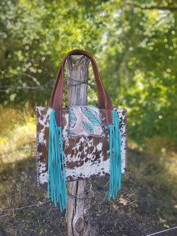 STUNNING Boho Feather Cowhide Diaper Bag Leather Diaper Bag 