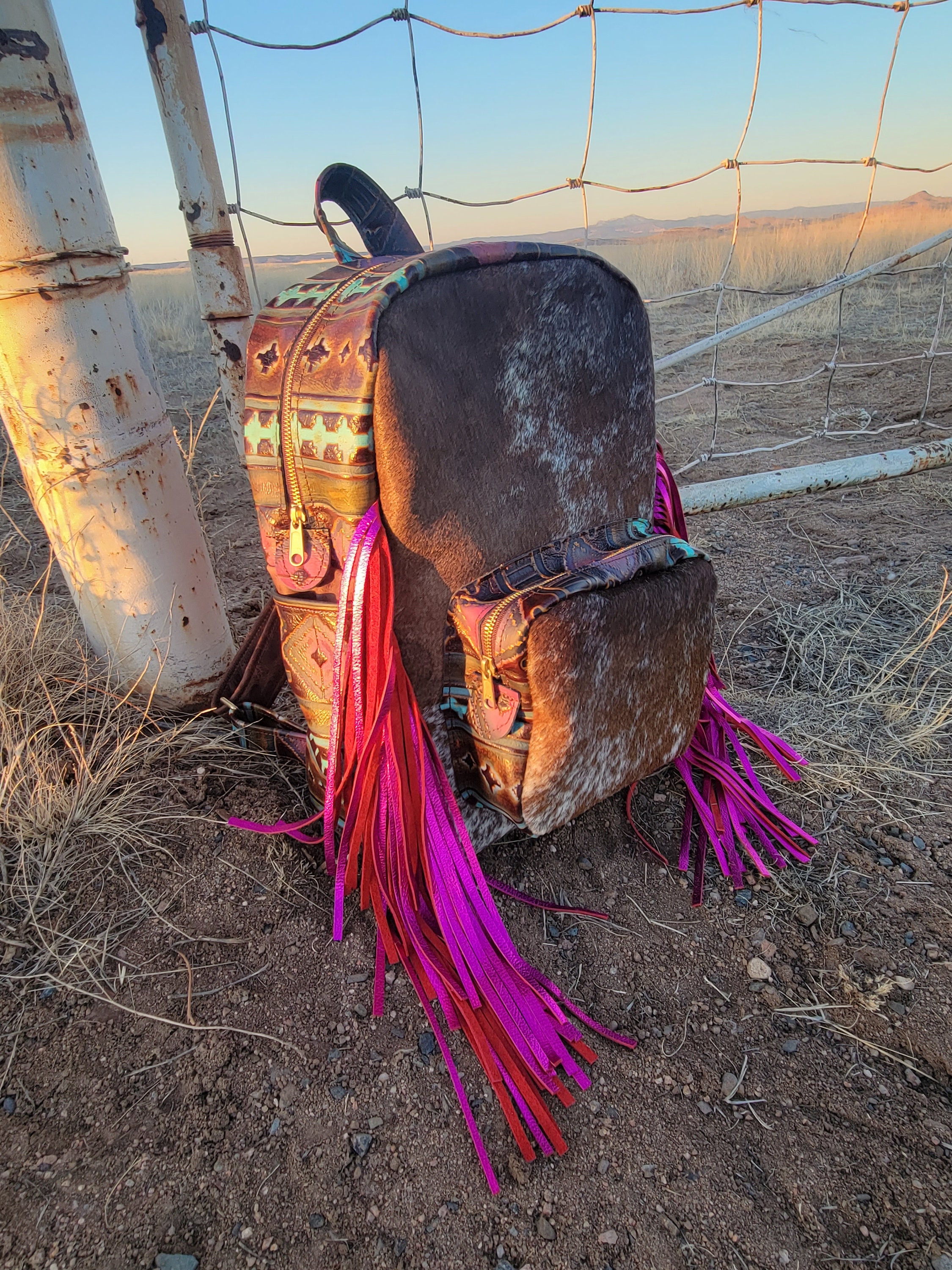 Cowhide Backpack With Pink Leather Fringe - Etsy display picture 2