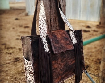 Brindle Cowhide Diaper Bag, Leather Fringe Purse, Western Style