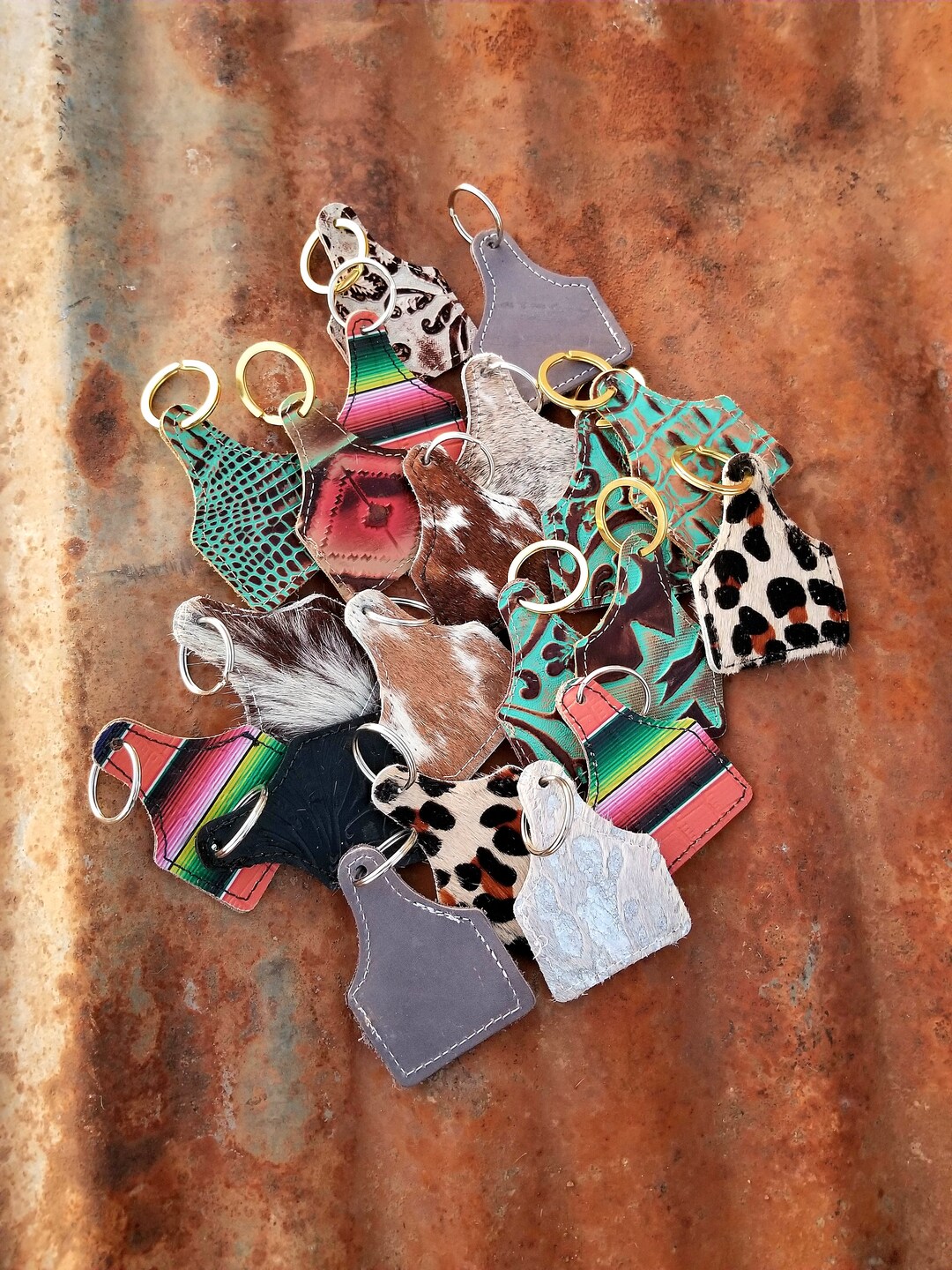Leather Cowhide Keychain Eartag Keychains Western Keychains Cowhide