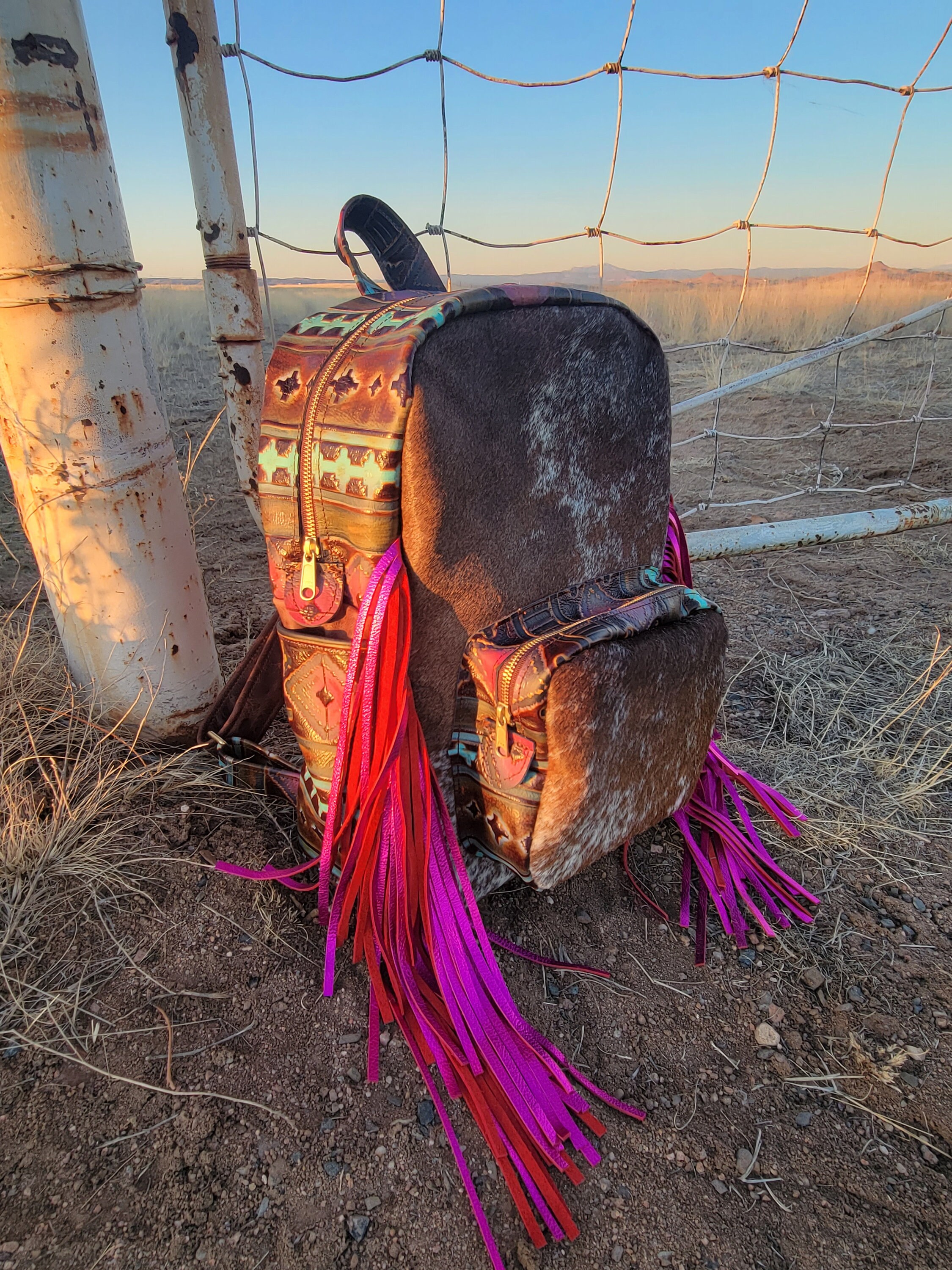 Pink Backpack With Tooled Leather And Real Cowhide ✨ Saddle up your style ✨ Our hand-tooled leather + cowhide  main image 2